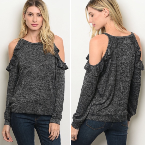 Charcoal cozy cold shoulder top - Picture 2 of 7